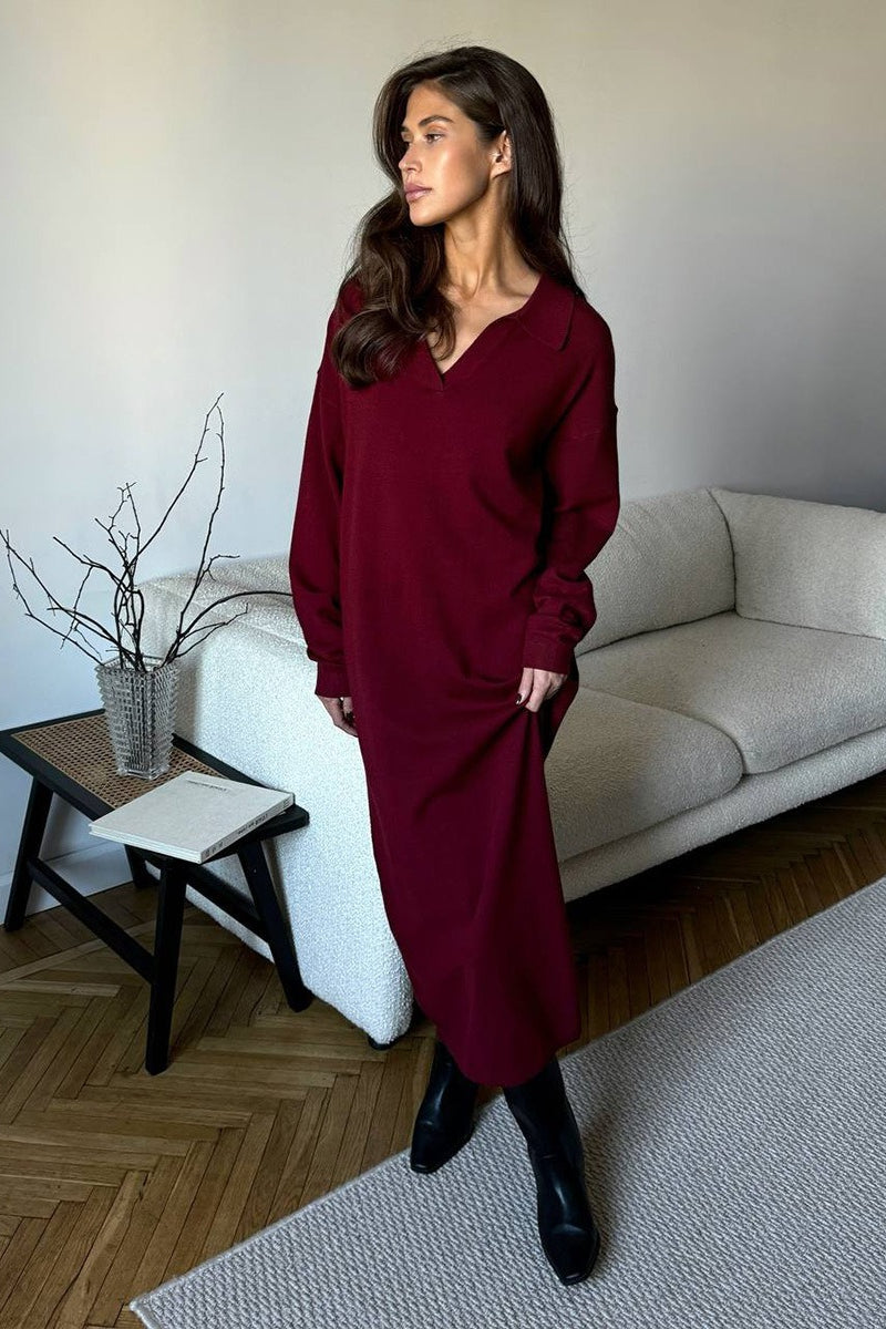 Red Polo Neck Knit Midi Dress