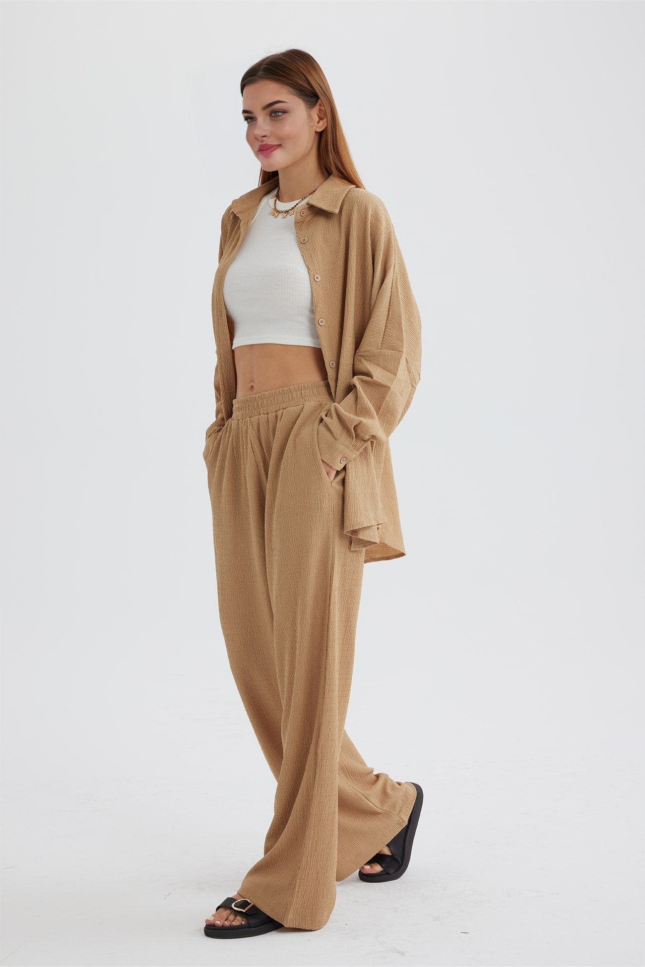 Two Piece Color Long Sleeve Shirt Long Pants Set