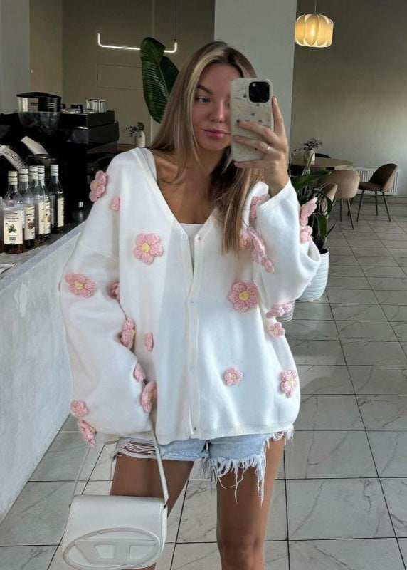 Blush Bloom - 3d Knit Cardigan With V-neck