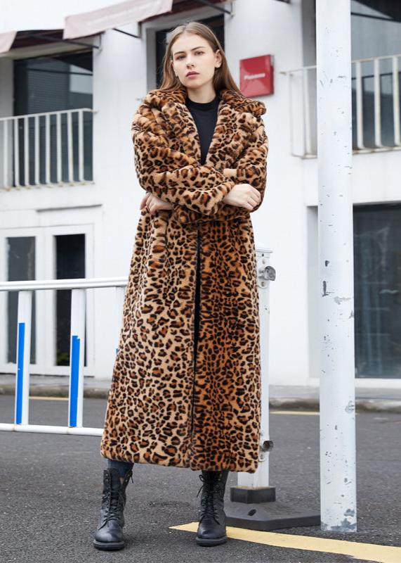 Leopard Print Faux Fur Long Coat With Suit Collar