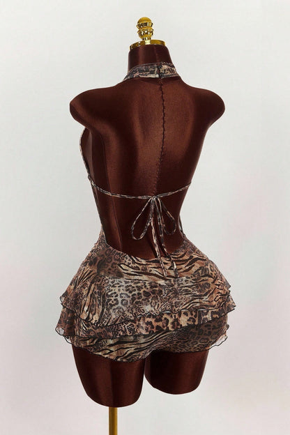 Leopard Print Halter Tie Tiered Mini Dress