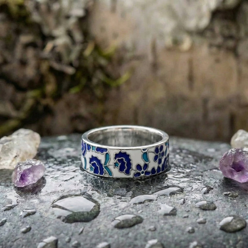 Elegant Blue Enamel Flower Ring