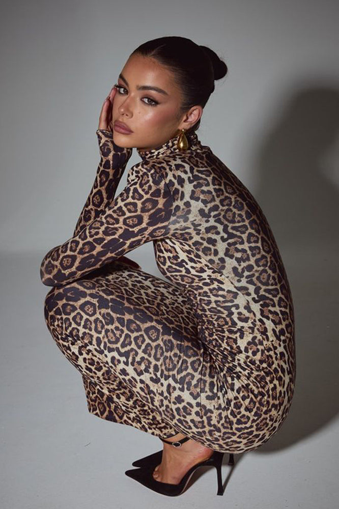 Leopard Mock Neck Bodycon Maxi Dress