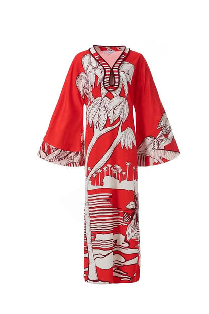 African Print Maxi Dress - Long Sleeve Caftan Style