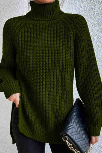 Raglan Sleeve Turtleneck Slit Mid-length Sweater