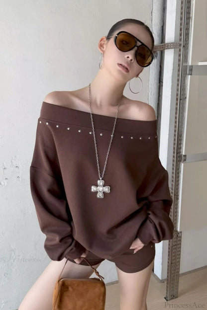 Asym Off-shoulder Rivet Loose Sweatshirt
