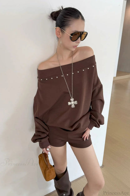 Asym Off-shoulder Rivet Loose Sweatshirt