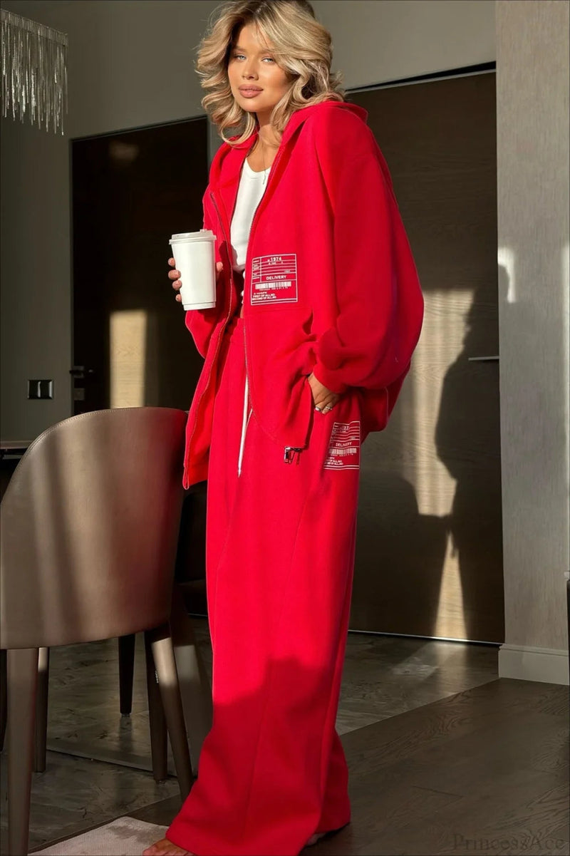 Athletic Hooded Zipper Oversized Two Piece Set