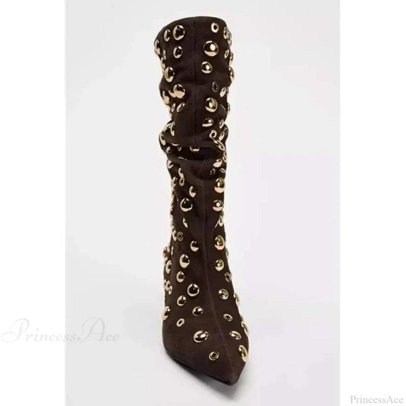 Attractive Rivet Pleated Tall Heel Pointed Gothic Boot