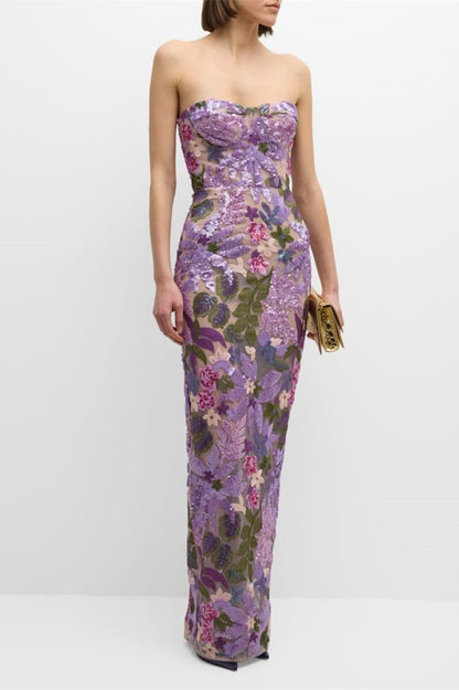 Aurora -embroidered Strapless Maxi Dress