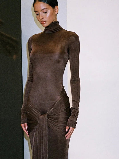 Lace-up High Neck Bodycon Maxi Dress for , Perfect for Autumn
