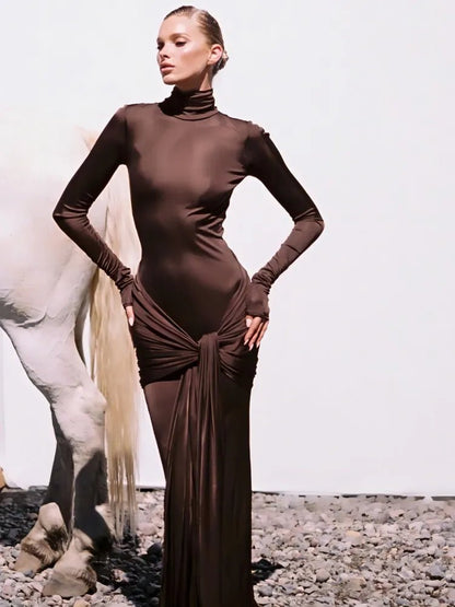 Lace-up High Neck Bodycon Maxi Dress for , Perfect for Autumn
