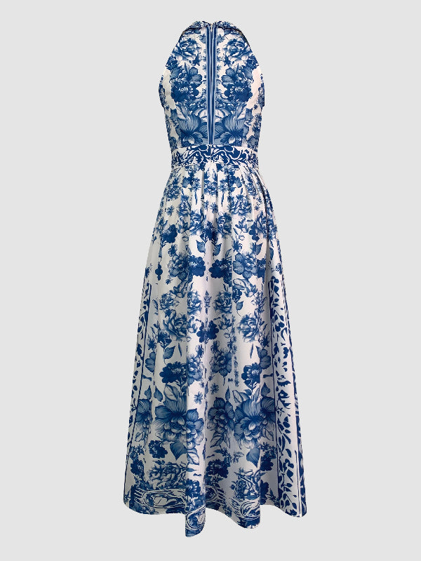 A-line Loose Flower Print Split-joint Lapel Maxi Dresses