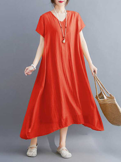 A-line Loose Color V-neck Midi Dresses
