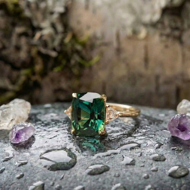 Vintage Gold & Green Stone Square Ring