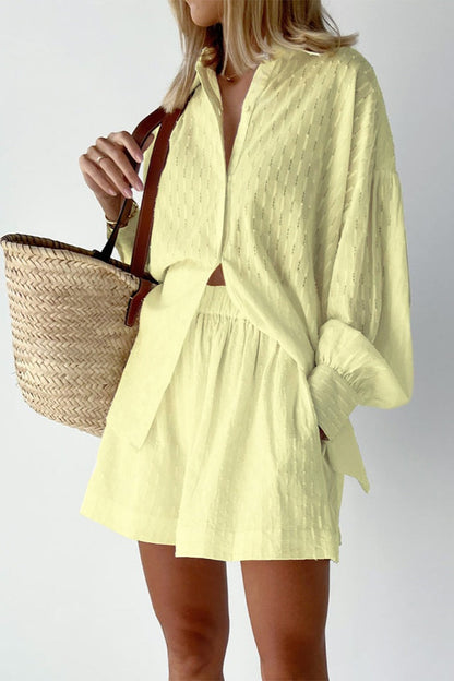 Textured Bubble Sleeve Blouse Shorts Set
