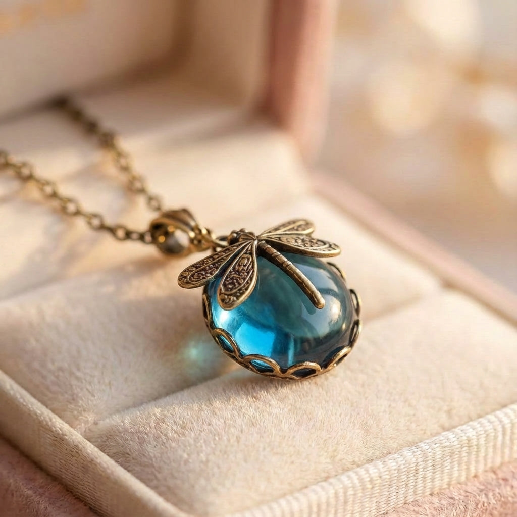 Blue Crystal Dragonfly Necklace In Antique Gold