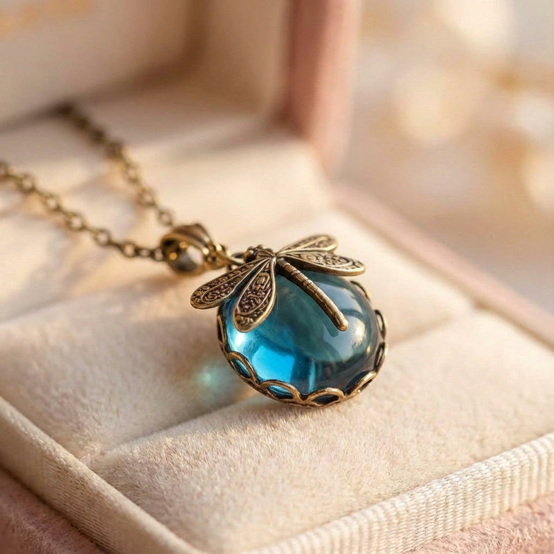 Blue Crystal Dragonfly Necklace In Antique Gold