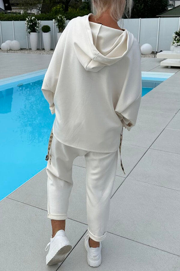 Color Loose Hooded Sweatshirt and Elastic Waist Pocket Pants Set