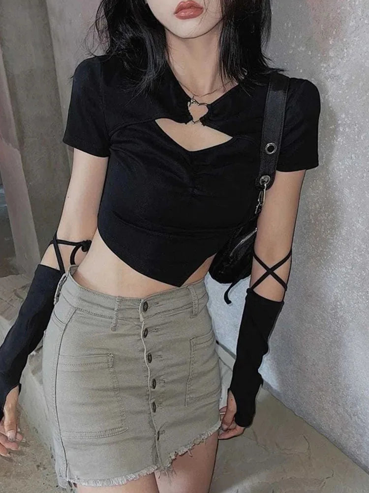 High Street Short Sleeve T-shirt Harajuku Summer Hollow Out Slim Design Ins Korean Style Above Navel Cropped Top All-match
