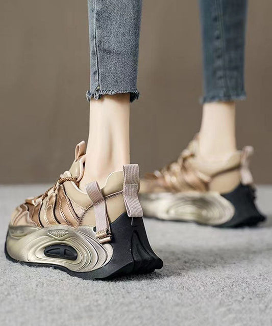 Gold Flat Shoes for Platform Genuine Leather Splicing Cross Strap