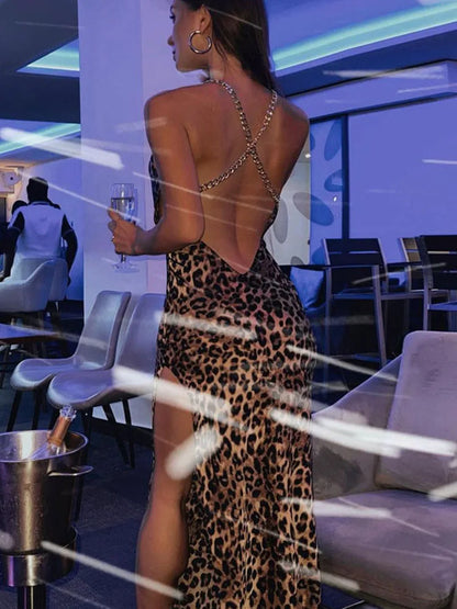 Leopard Print Chain Strap Side Slit Maxi Dress Backless Bodycon Festival Evening