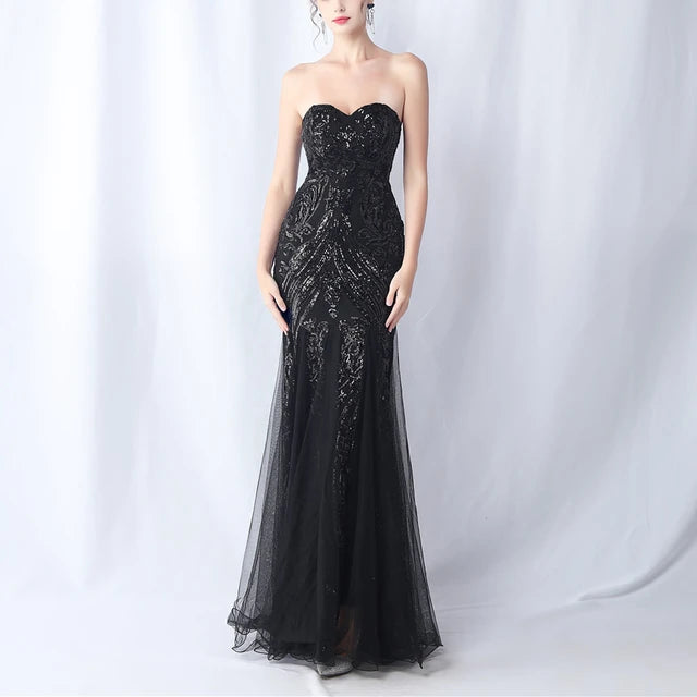 New High Waist Slim Fishtail Party Long Dresses Woman Tube Top Sleeveless Backless Sequined Evening Dress