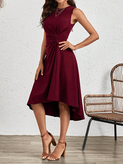 A-line High Waisted Asymmetric Pleated Color Split-joint Round-neck Midi Dresses