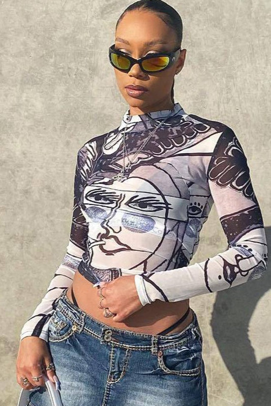 Sheer Mesh Print Round Neck Long Sleeve Blouse