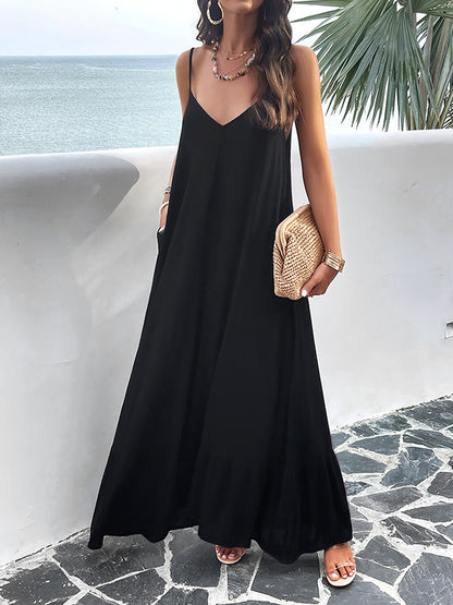 Loose Sleeveless Pleated Color Split-joint Spaghetti-neck Maxi Dresses