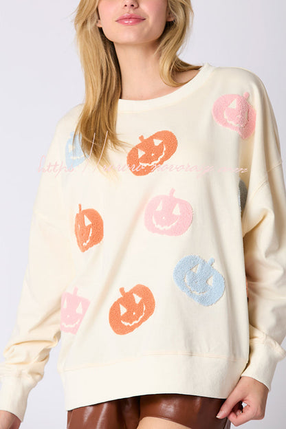 Halloween Colorful Pumpkin Embroidered Loose Sweatshirt