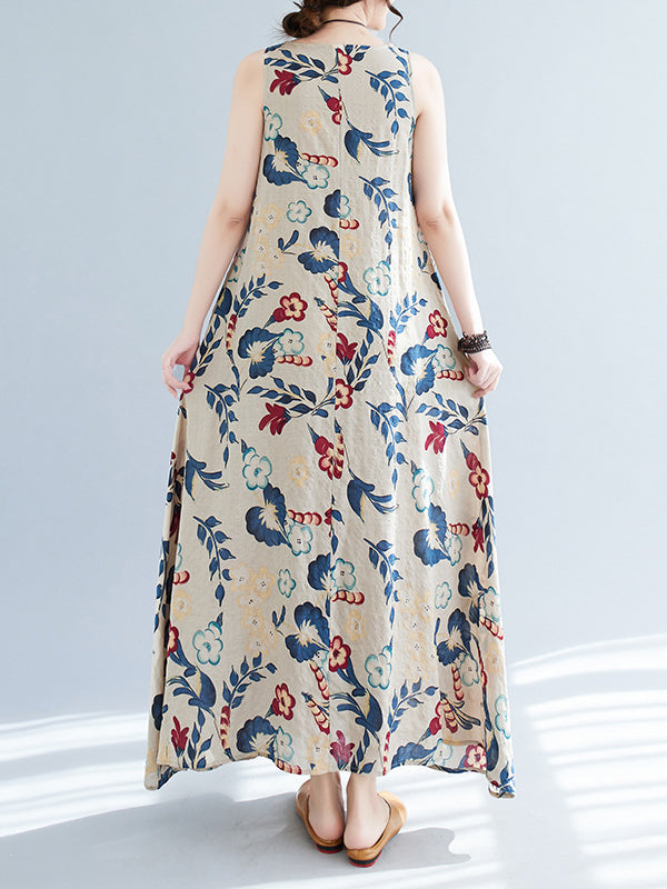 Loose Sleeveless Printed Round-neck Maxi Dresses