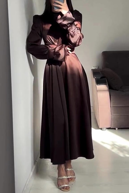 Color Ruffled Sleeves Waisted Tie Slim Fit Maxi Dress