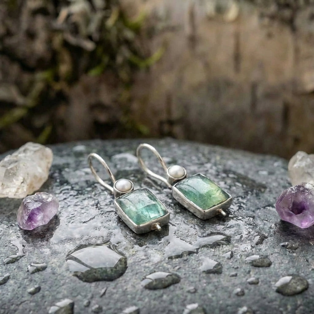Vintage Green Stone Inlaid Pearl Earrings