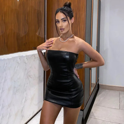 Summer Party Strapless Bodycon Pu Leather Slim Package Hip Black Mini Dress Sundress Female Clothing