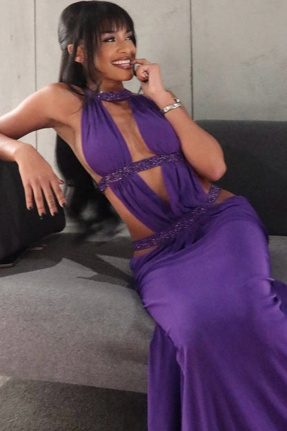 Cutout Rhinestone Backless Maxi Dress