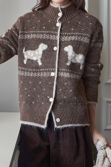 Stand Collar Puppy Print Jacquard Sweater