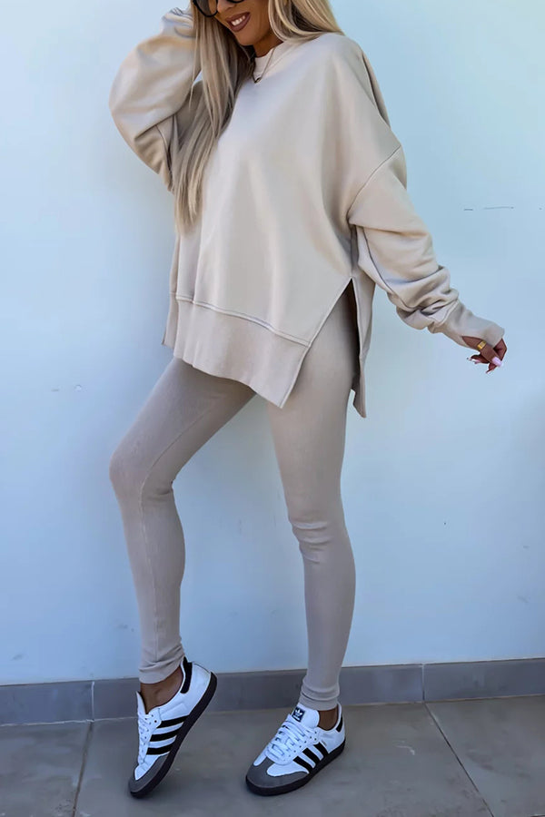 Color Loose Long Sleeve Slitsweatshirt and Elastic Waist Tight Pants Set