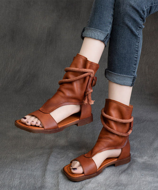 Brown Cowhide Leather Flat Sandals Boots Peep Toe Splicing Zippered