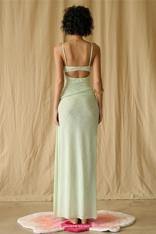 Lace Mesh 3d Waist Cinched Cami Maxi Dress