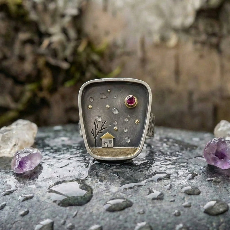 Vintage House Tree Sky Inlay Stone Ring