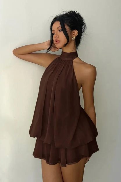 Backless Halter Tie Waist Slim Fit Ruffled Mini Dress