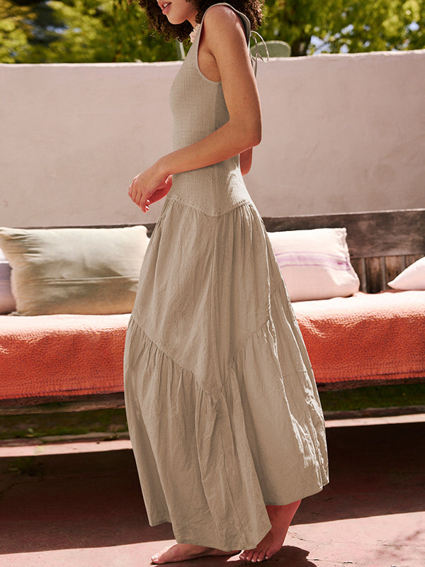 Loose Sleeveless Backless Elasticity Lace-up Pleated Color Split-joint Square-neck Maxi Dresses