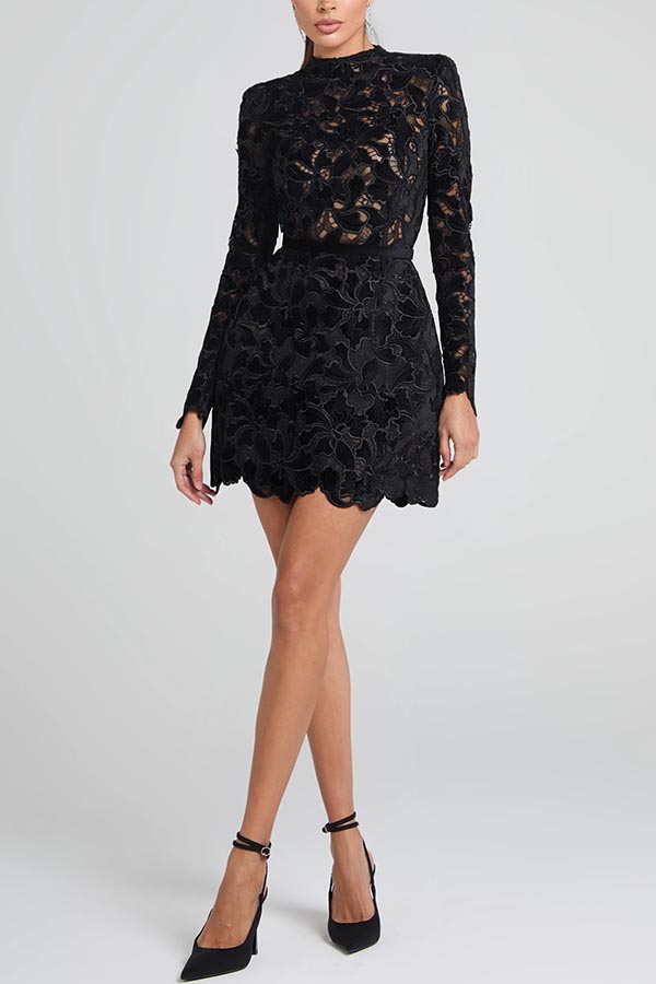 Lydia Embroidered Lace Long Sleeve Belt Tulip Shaped Mini Dress