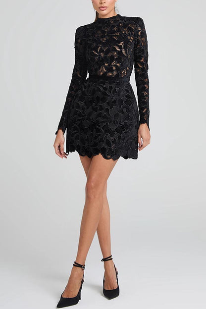 Lydia Embroidered Lace Long Sleeve Belt Tulip Shaped Mini Dress