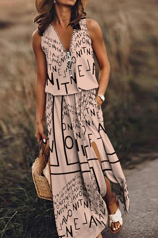 Modern Letter Print Zipper Neck Daily/vacation Maxi Dress