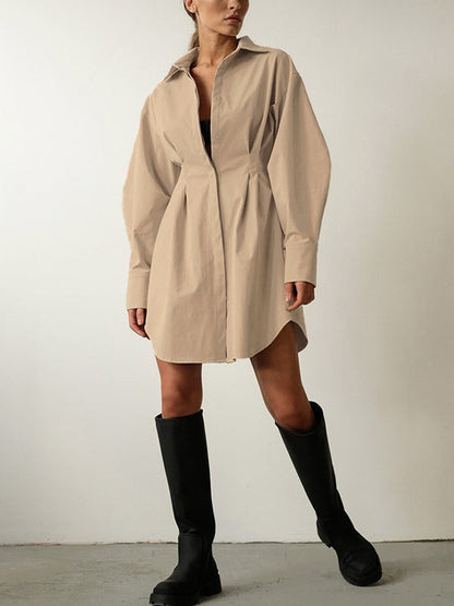 Fold Pleated Detail Shirt Long Sleeve Mini Dress