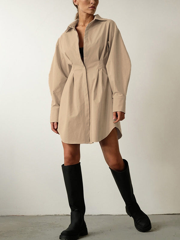 Fold Pleated Detail Shirt Long Sleeve Mini Dress