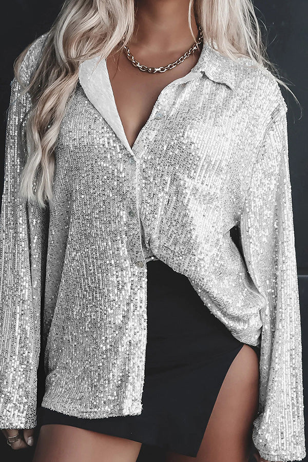 Color Button-down Long-sleeve Sequined Cardigan
