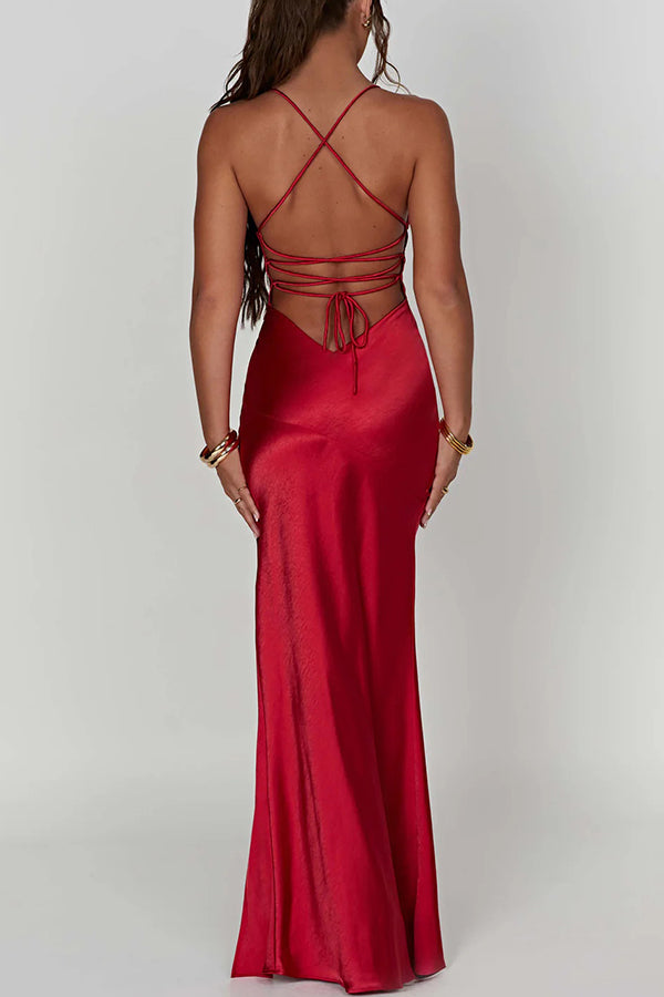 Satin Color Backless Lace Up High Slit Maxi Dress